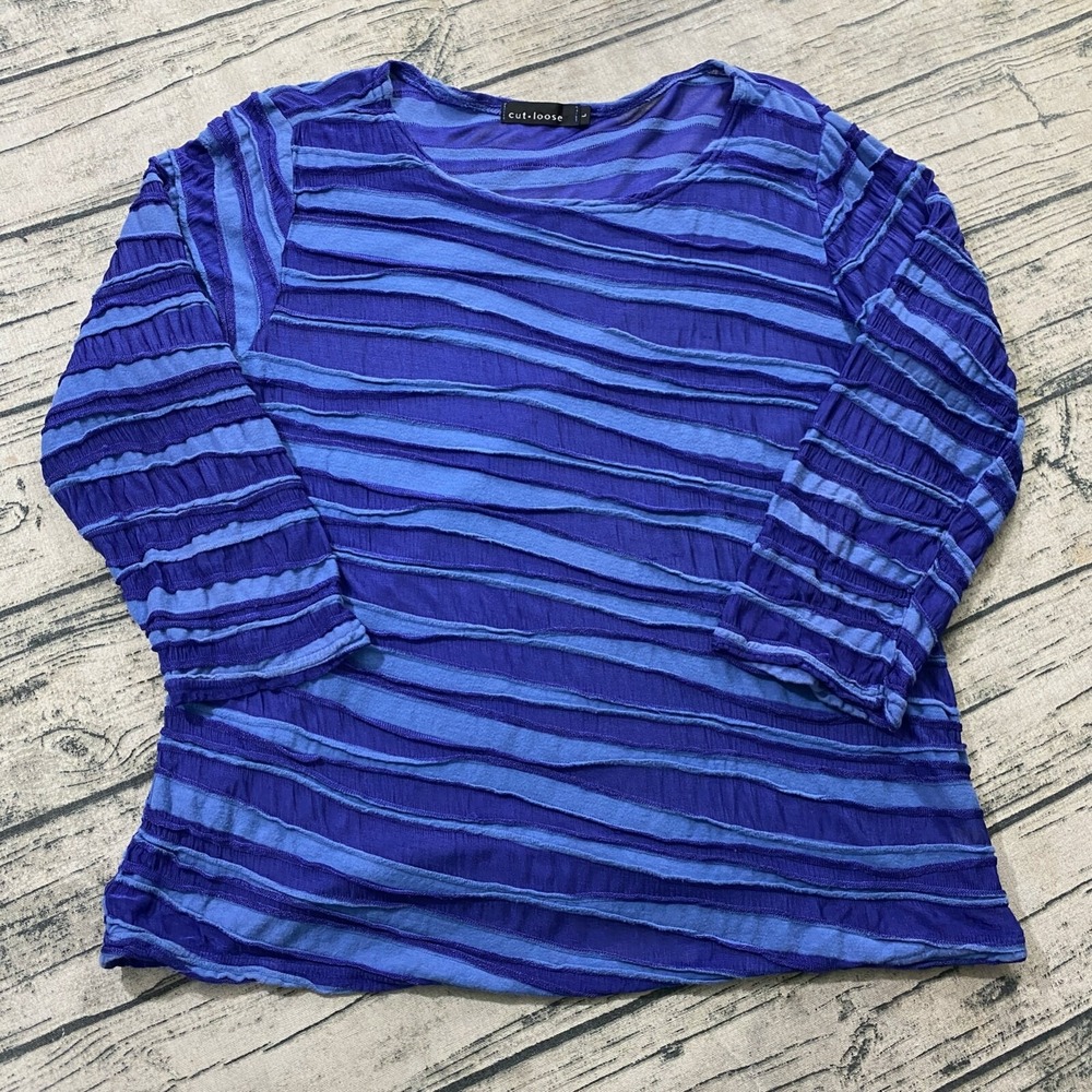 Cut Loose‎ Womens L Mesh Semi Sheer Textured Striped 3/4 Sleeve Blouse Top